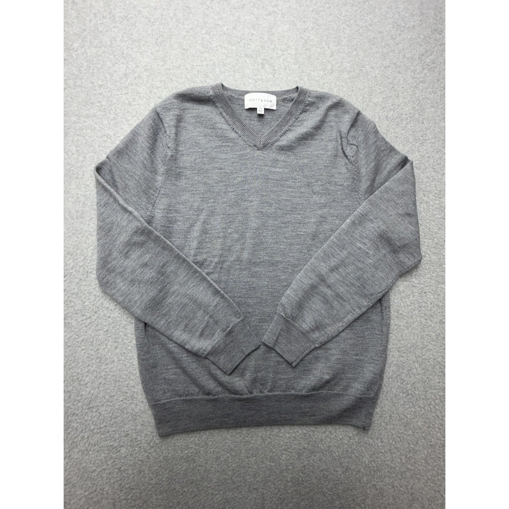Mott‎ & Bow Sweater Mens Large Gray 100% Merino Wool Fine Knit V Neck Pullover